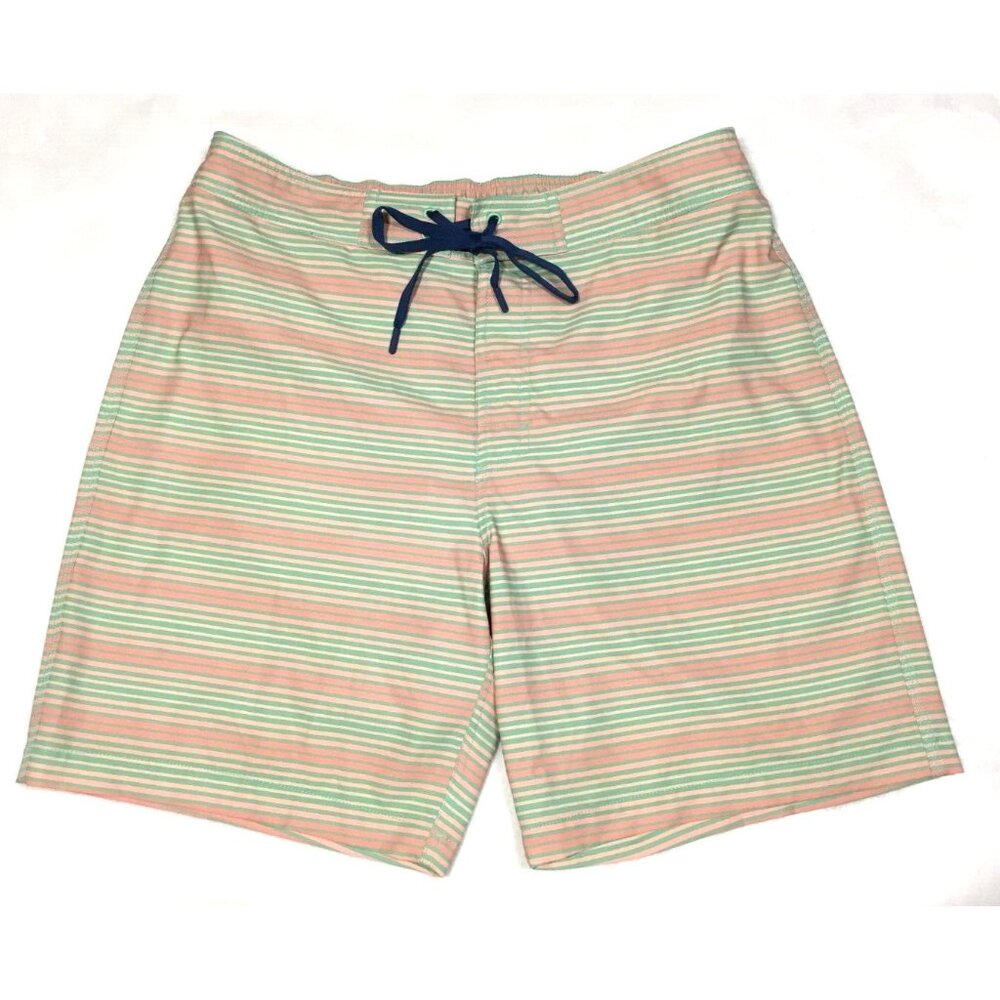 Southern Tide Seven Seas L Board Shorts Swim Trunks Aqua Pink Stripe 35 x 8.5"